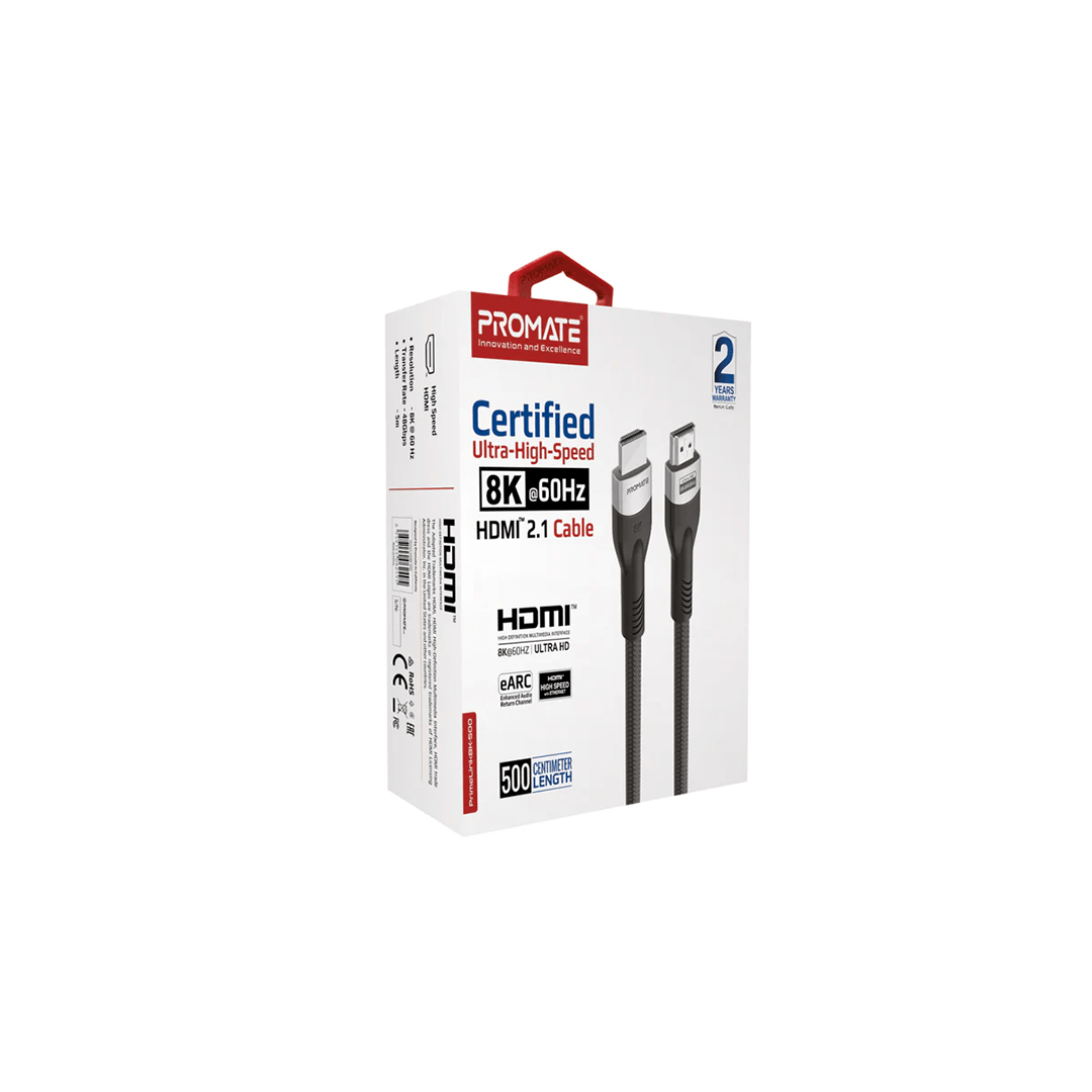 Promate PrimeLink8k-500 Certified Ultra-High-Speed 8K@60Hz HDMI Cable 5M in Qatar Promate PrimeLink8k-500 Certified Ultra-High-Speed 8K@60Hz HDMI Cable 5M in Qatar